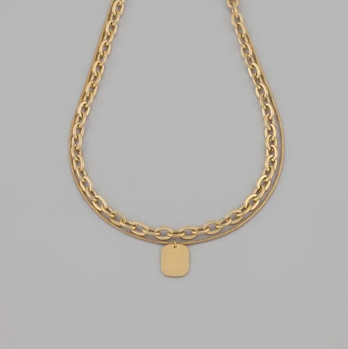 18K Gold Plated Layered Necklace with Square Pendant