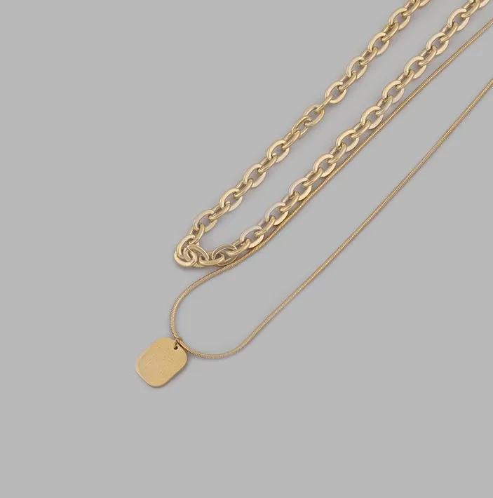 18K Gold Plated Layered Necklace with Square Pendant