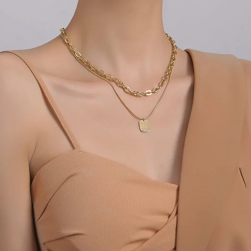 18K Gold Plated Layered Necklace with Square Pendant