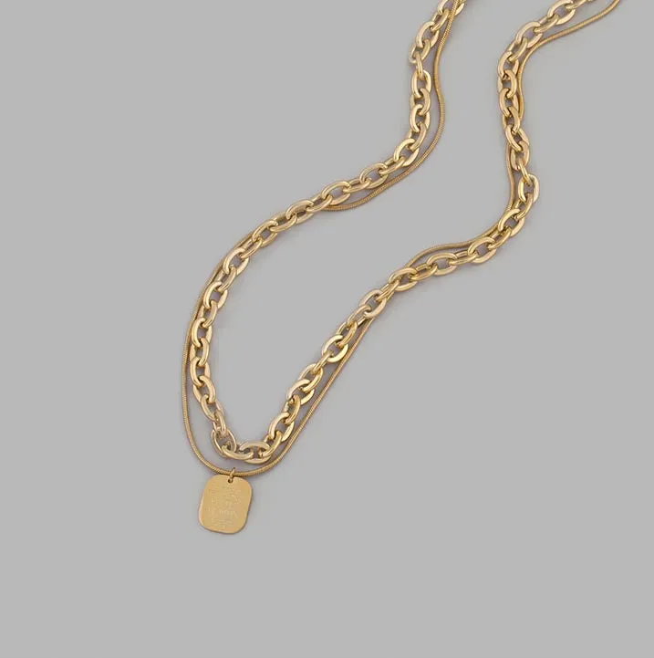 18K Gold Plated Layered Necklace with Square Pendant