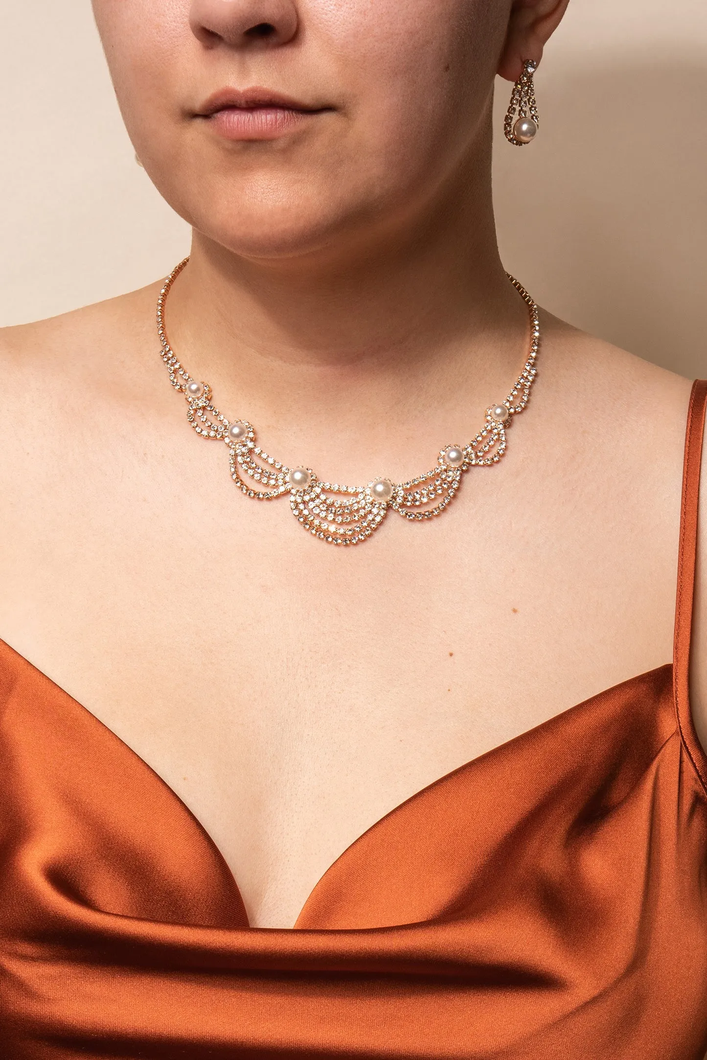 Anastasia Scalloped Rhinestone & Pearls Necklace Set