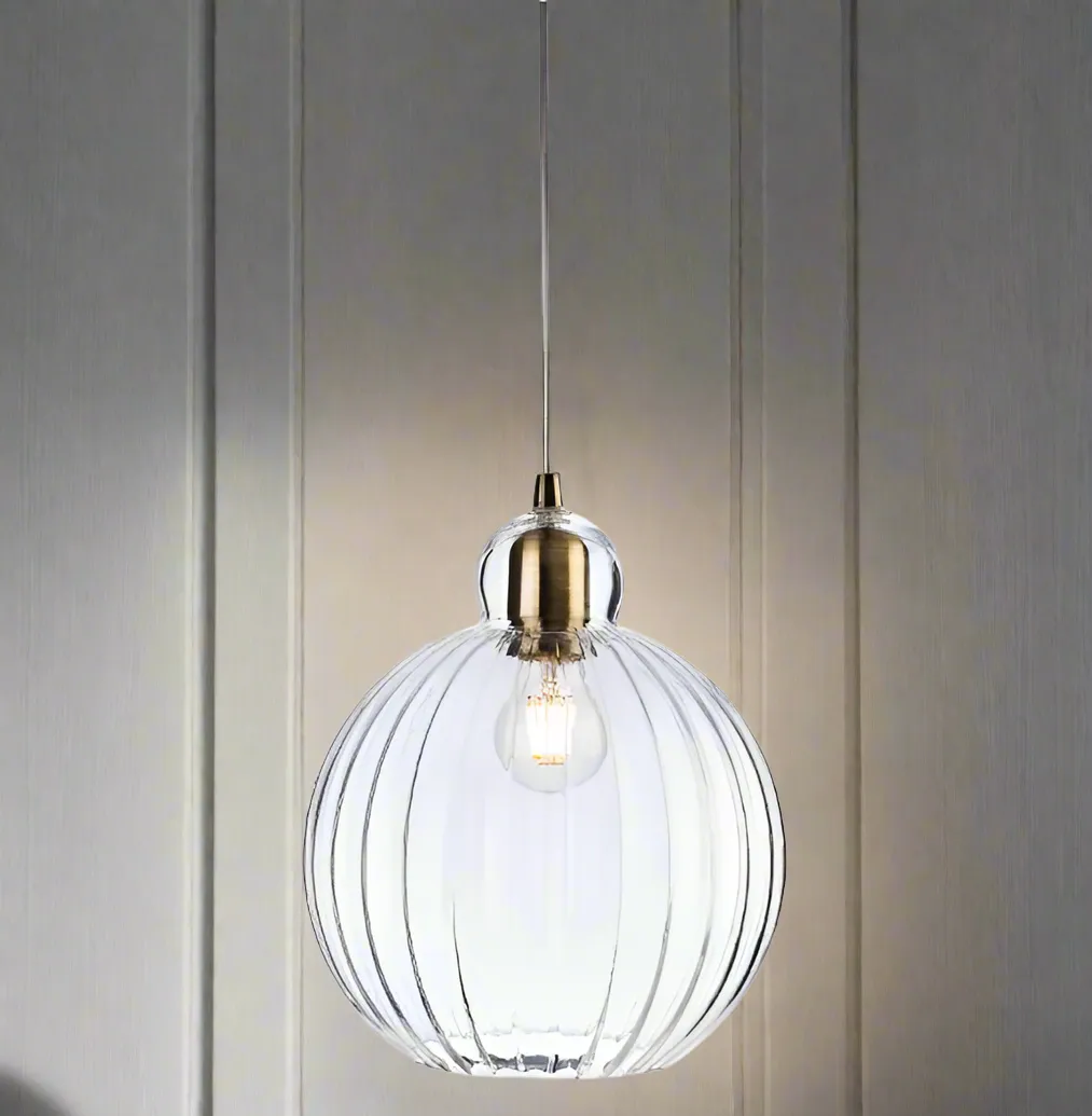 Antique Brass & Ribbed Glass Round Pendant Light 30 cm