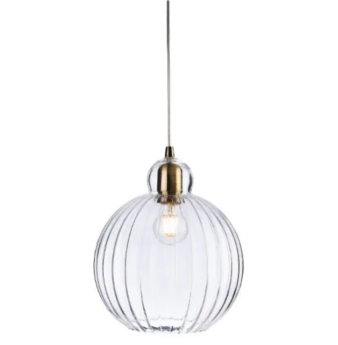 Antique Brass & Ribbed Glass Round Pendant Light 30 cm