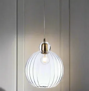 Antique Brass & Ribbed Glass Round Pendant Light 30 cm