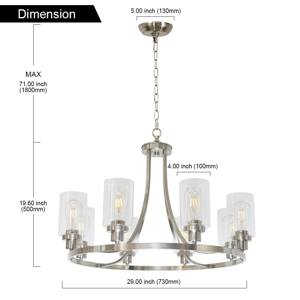 BONLICHT Modern Chandelier Round Brushed Nickel Finish 8 Lights with Clear Glass Shade