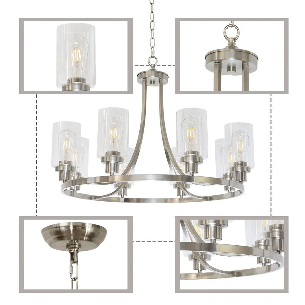 BONLICHT Modern Chandelier Round Brushed Nickel Finish 8 Lights with Clear Glass Shade