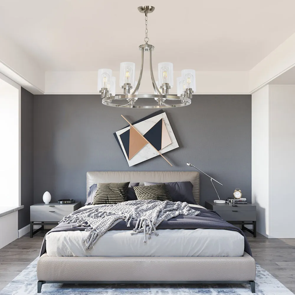 BONLICHT Modern Chandelier Round Brushed Nickel Finish 8 Lights with Clear Glass Shade