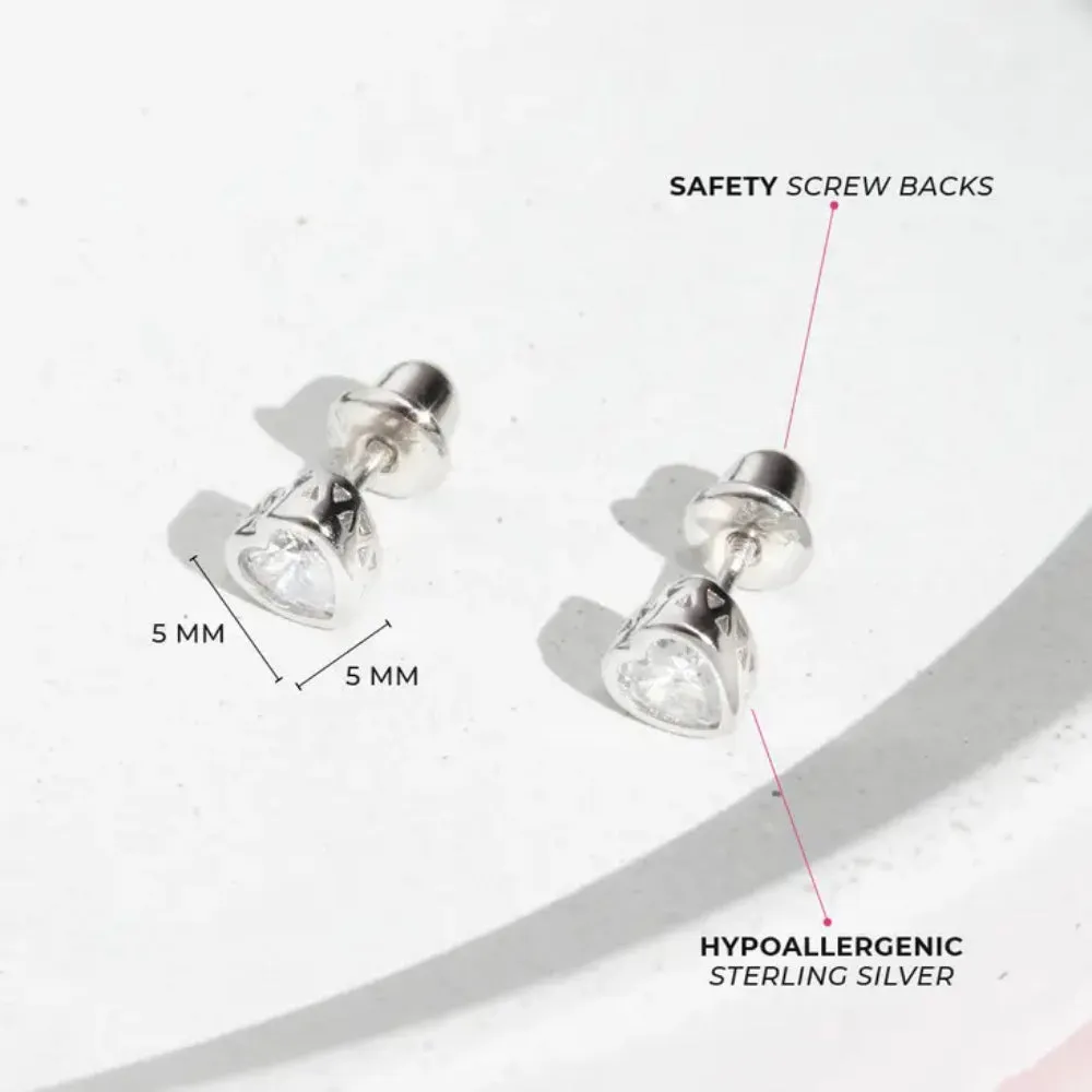 Children's Sterling Silver Heart Shape CZ Earrings - April