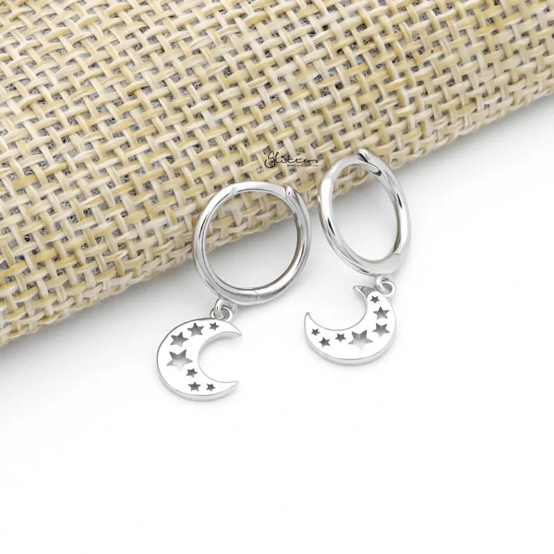 Crescent Moon with Stars Charm Huggie Hoop Earrings - Silver