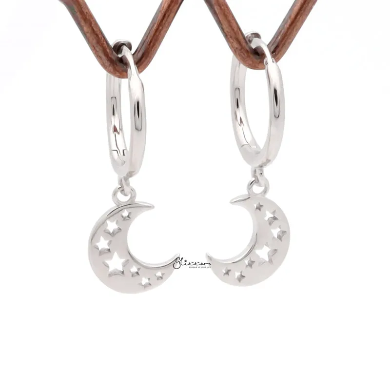 Crescent Moon with Stars Charm Huggie Hoop Earrings - Silver