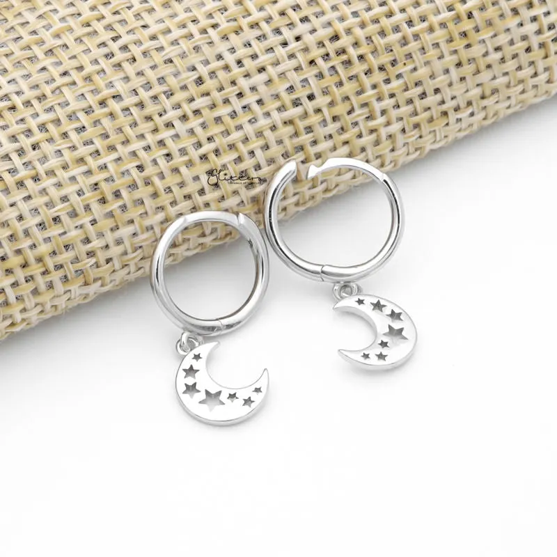 Crescent Moon with Stars Charm Huggie Hoop Earrings - Silver