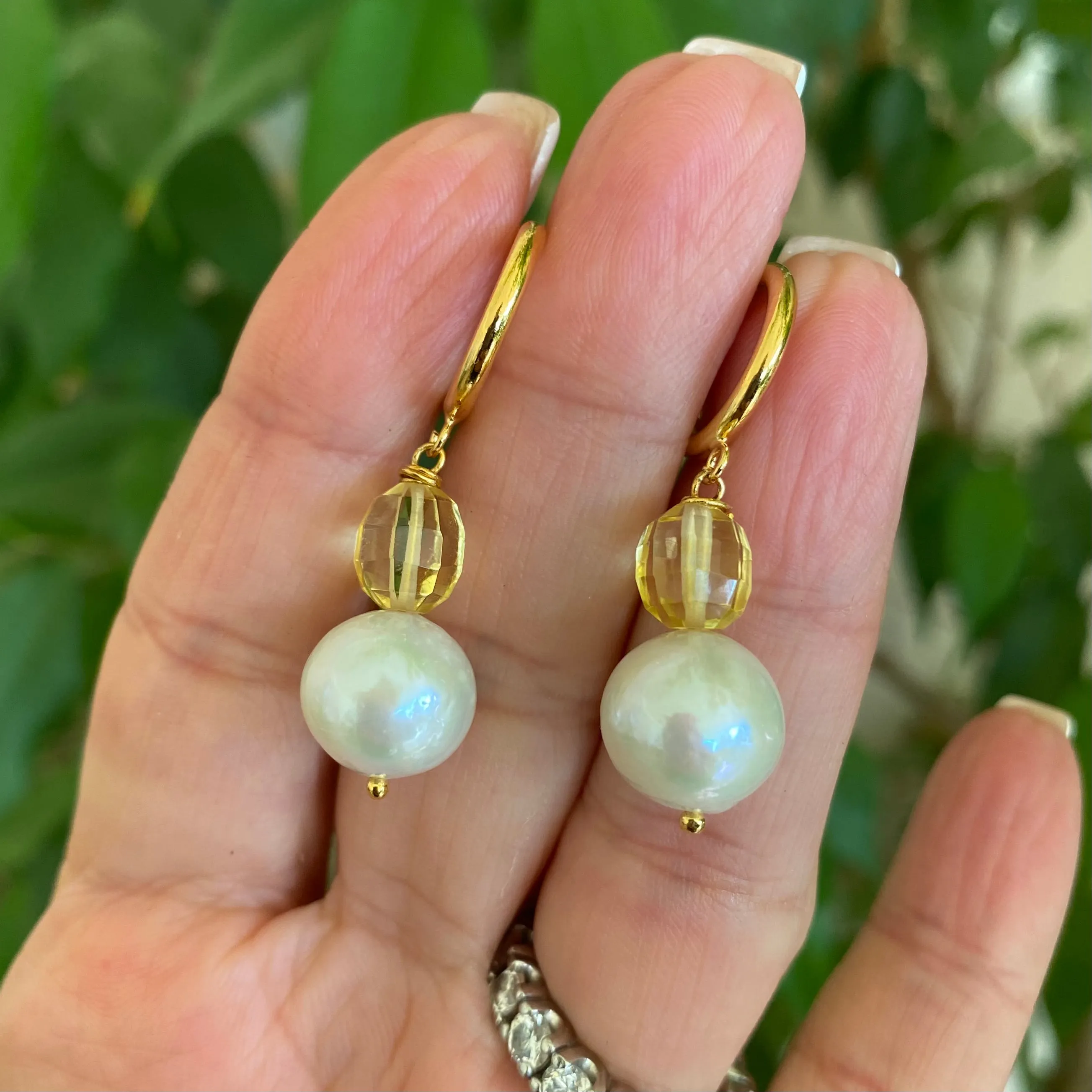 Edison White Pearls and Citrine Hoop Earrings, Gold Vermeil Plated Silver