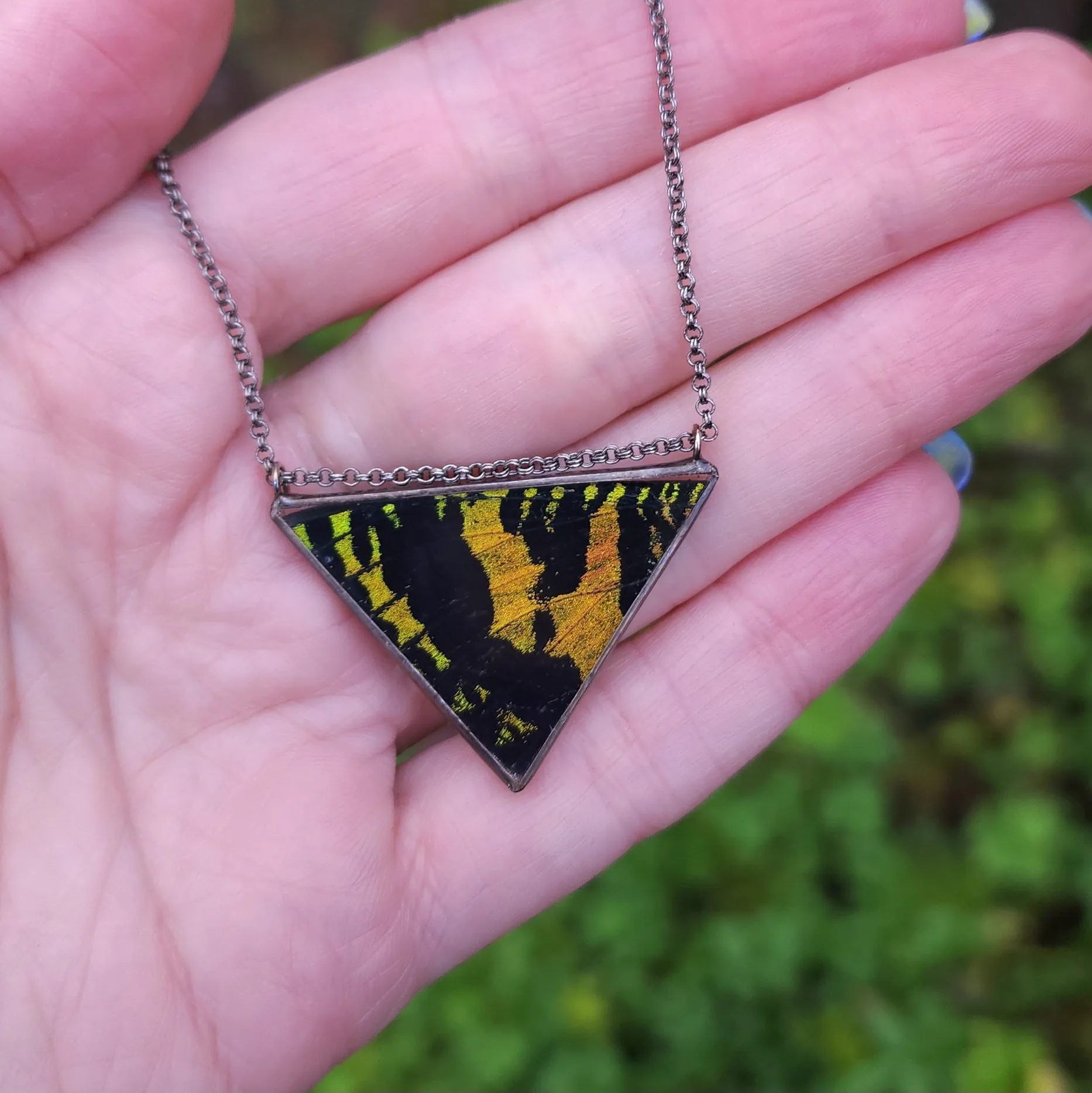 Emerald Teal Moth Wing Trine Necklace