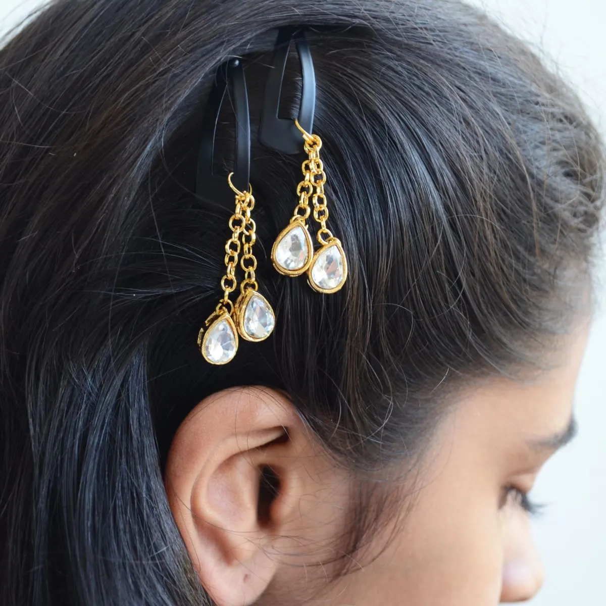 Gold Kundan Hair Accessory Gift Set for Girls, Geometric Crystal Hair Clip