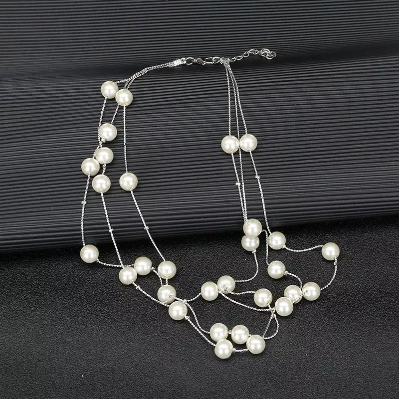 Imitation Pearl Golden Double Layer Earrings Necklace Bracelet Sets -2