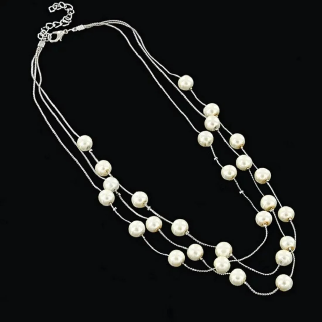 Imitation Pearl Golden Double Layer Earrings Necklace Bracelet Sets -2