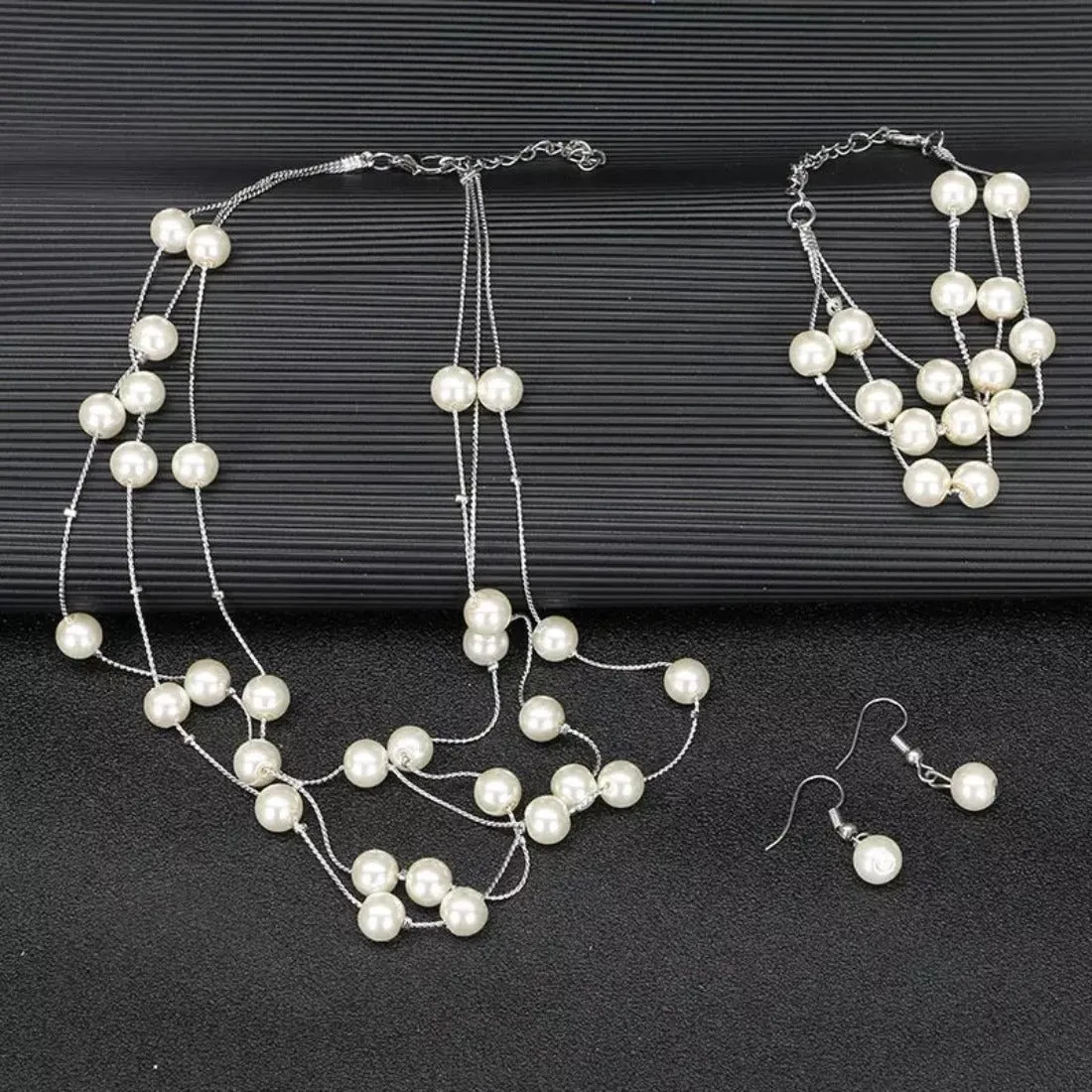 Imitation Pearl Golden Double Layer Earrings Necklace Bracelet Sets -2