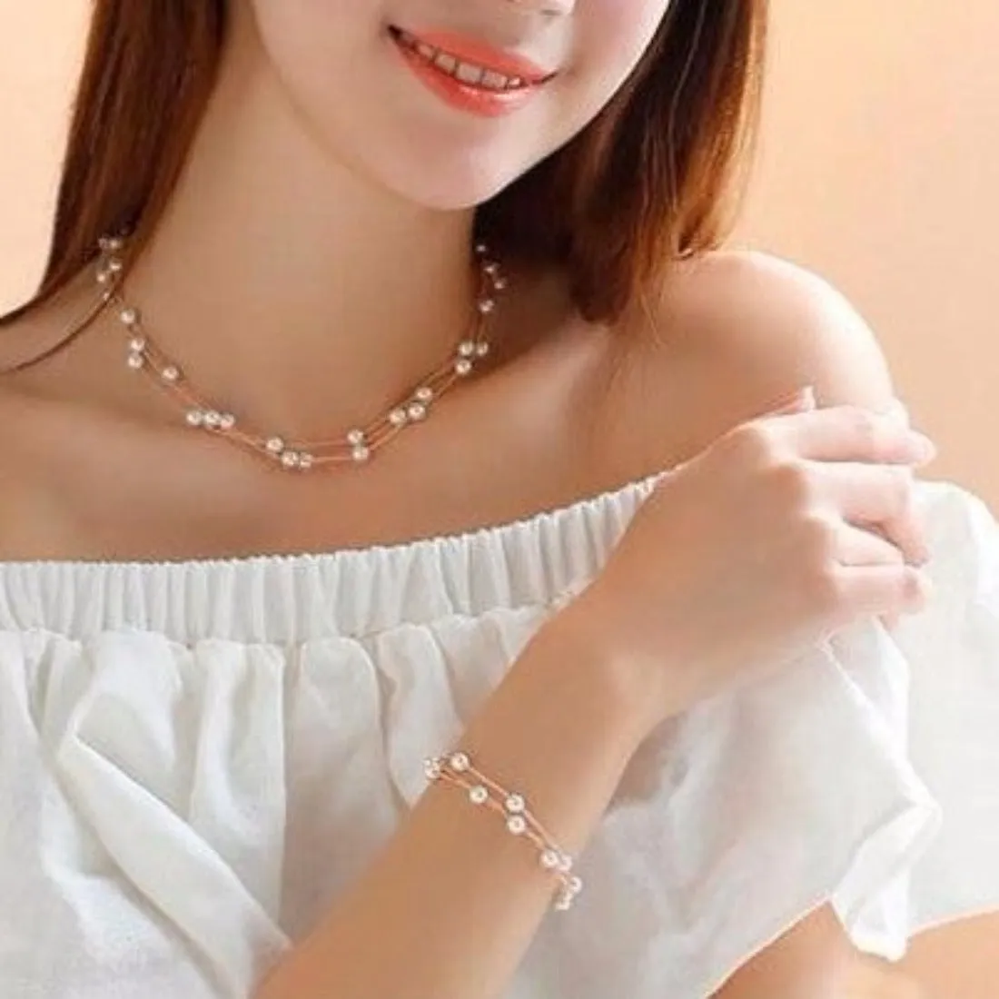 Imitation Pearl Golden Double Layer Earrings Necklace Bracelet Sets -2