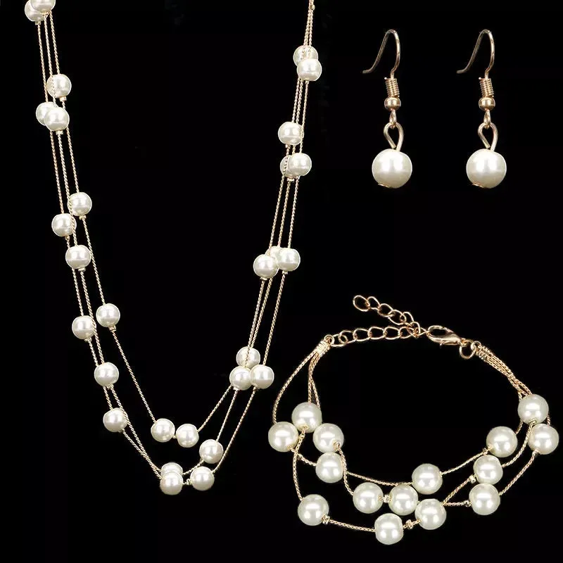 Imitation Pearl Golden Double Layer Earrings Necklace Bracelet Sets -2
