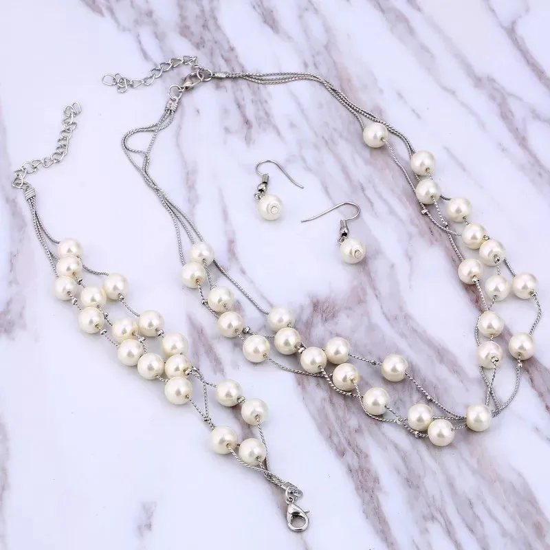 Imitation Pearl Golden Double Layer Earrings Necklace Bracelet Sets -2