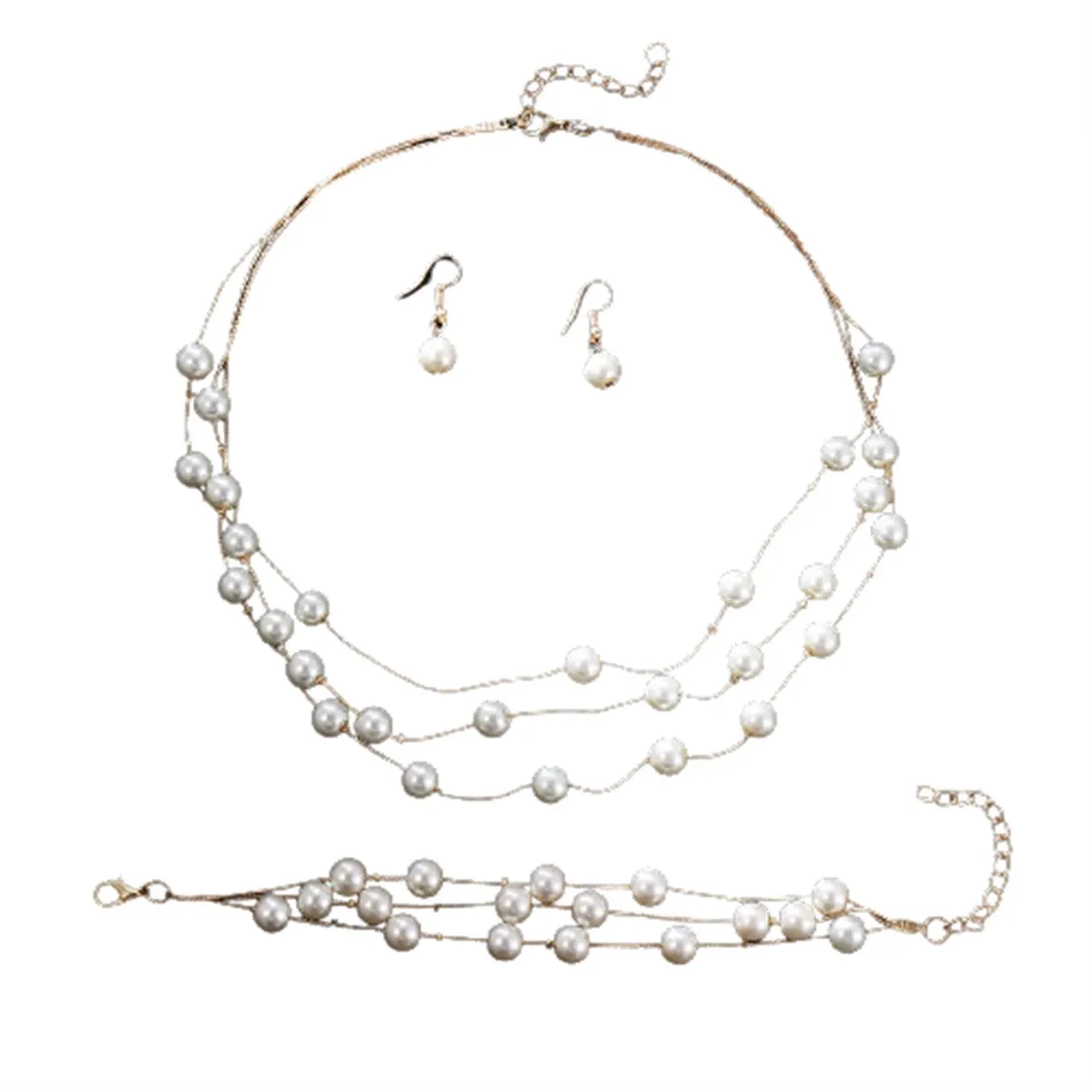 Imitation Pearl Golden Double Layer Earrings Necklace Bracelet Sets -2