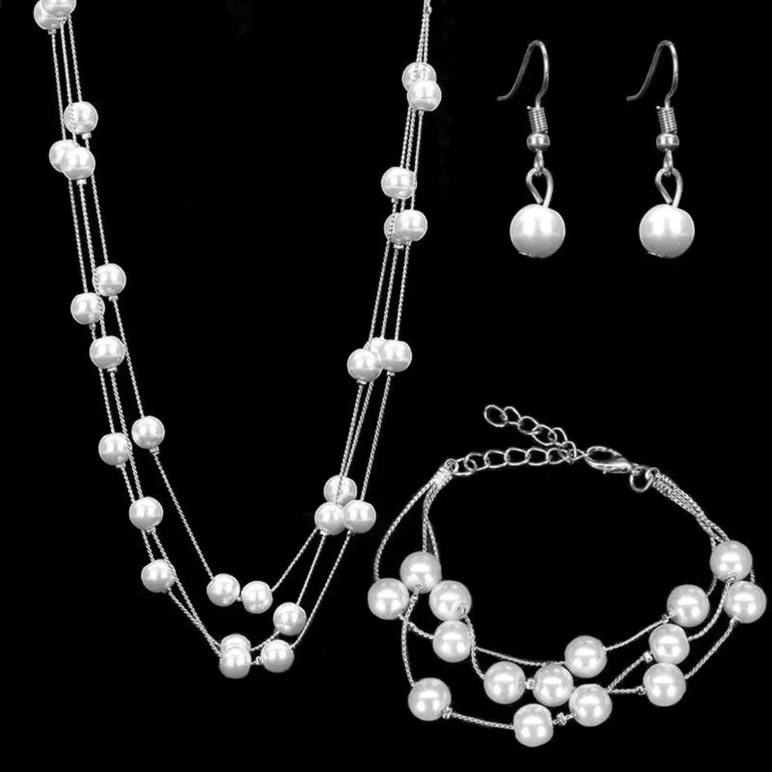 Imitation Pearl Golden Double Layer Earrings Necklace Bracelet Sets -2