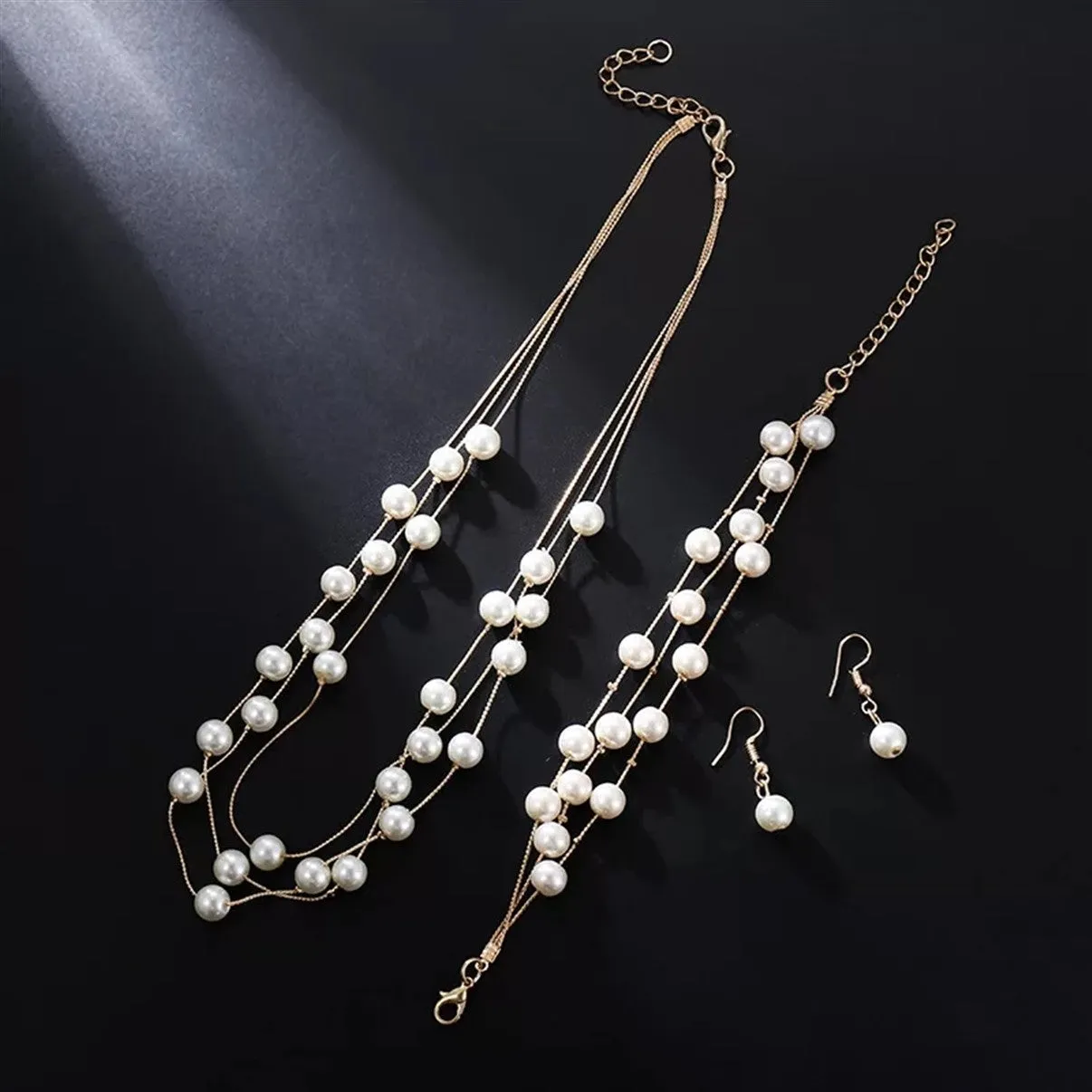 Imitation Pearl Golden Double Layer Earrings Necklace Bracelet Sets -2