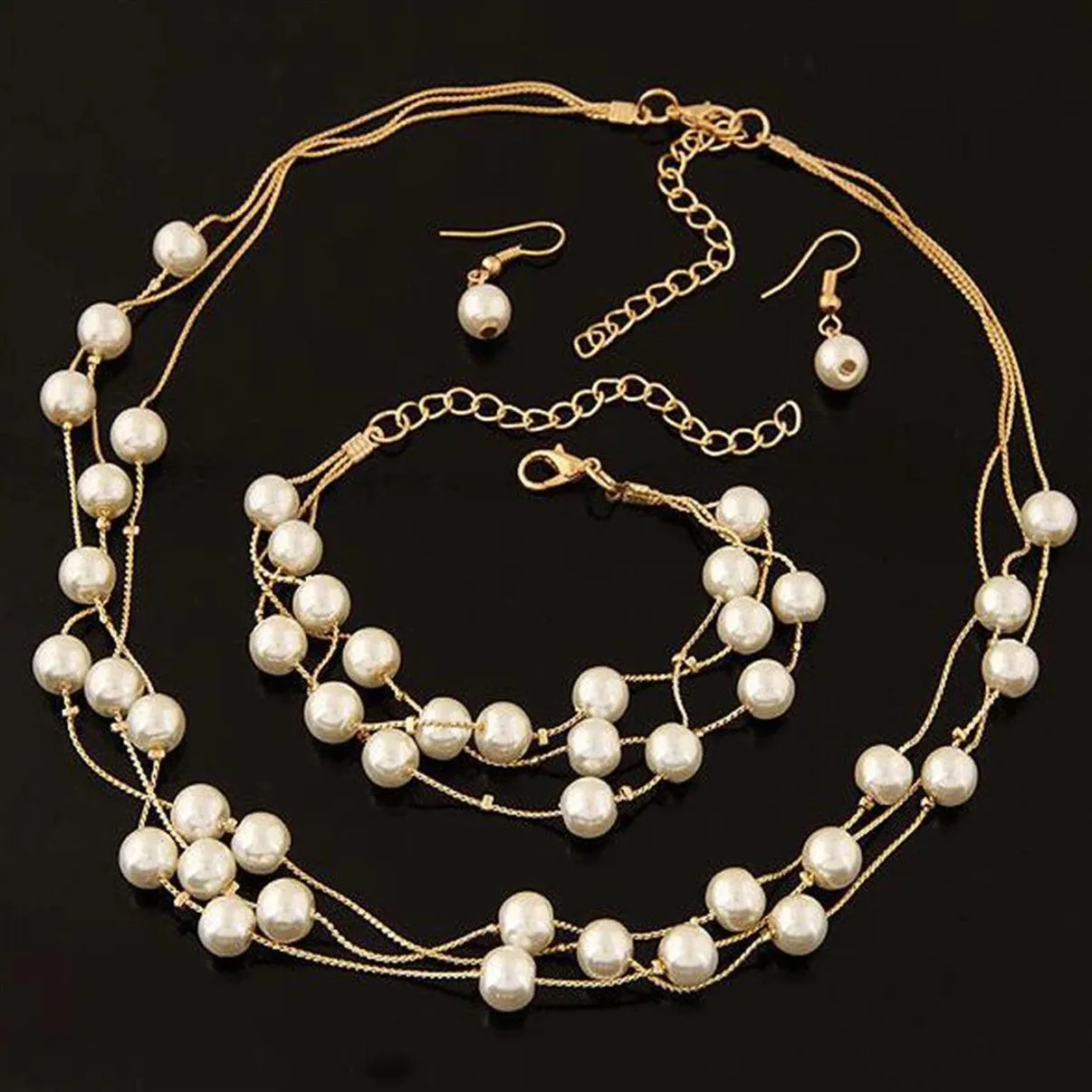 Imitation Pearl Golden Double Layer Earrings Necklace Bracelet Sets -2