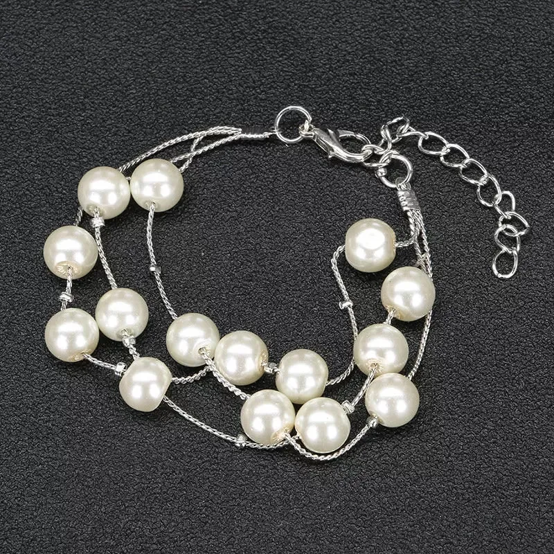 Imitation Pearl Golden Double Layer Earrings Necklace Bracelet Sets -2