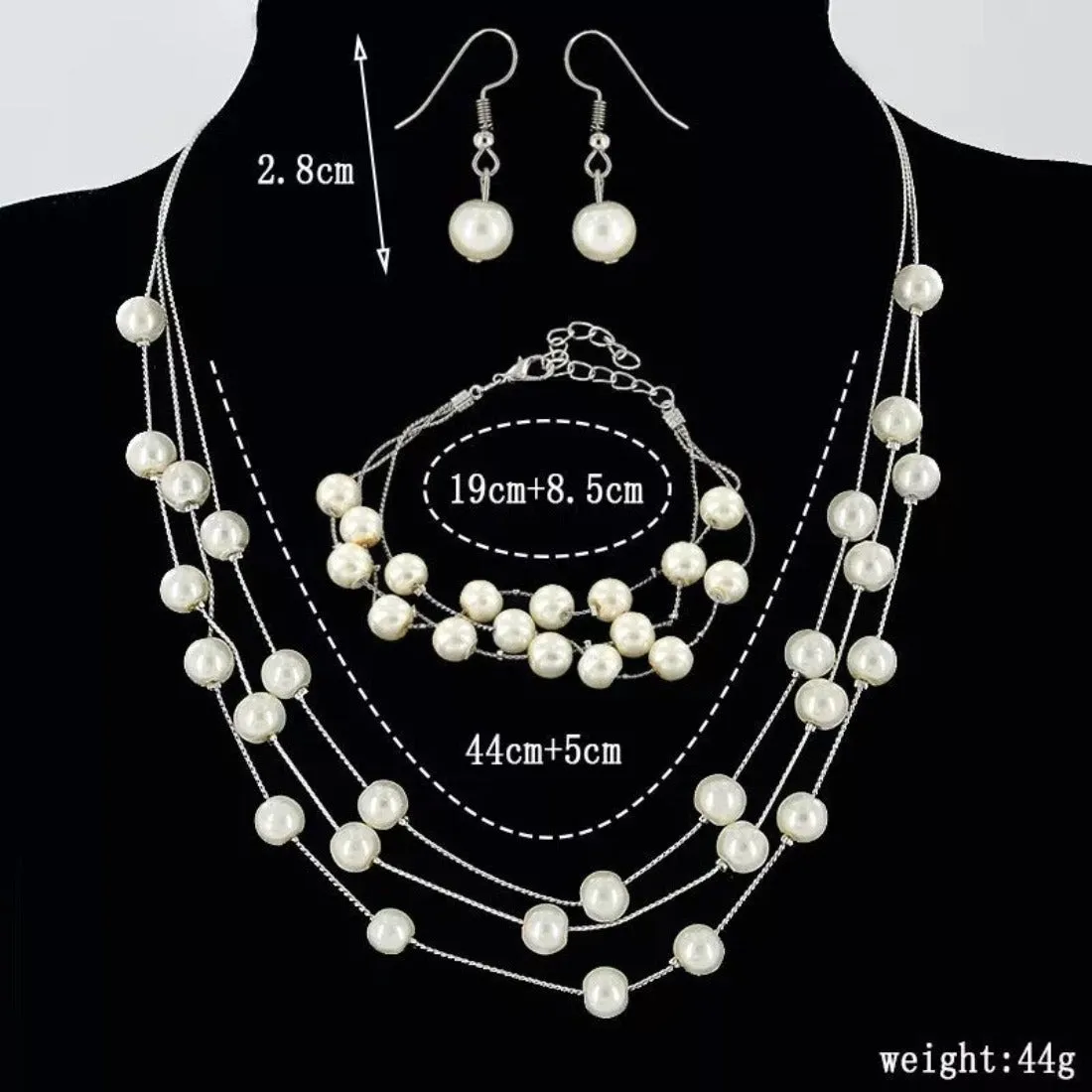 Imitation Pearl Golden Double Layer Earrings Necklace Bracelet Sets -2
