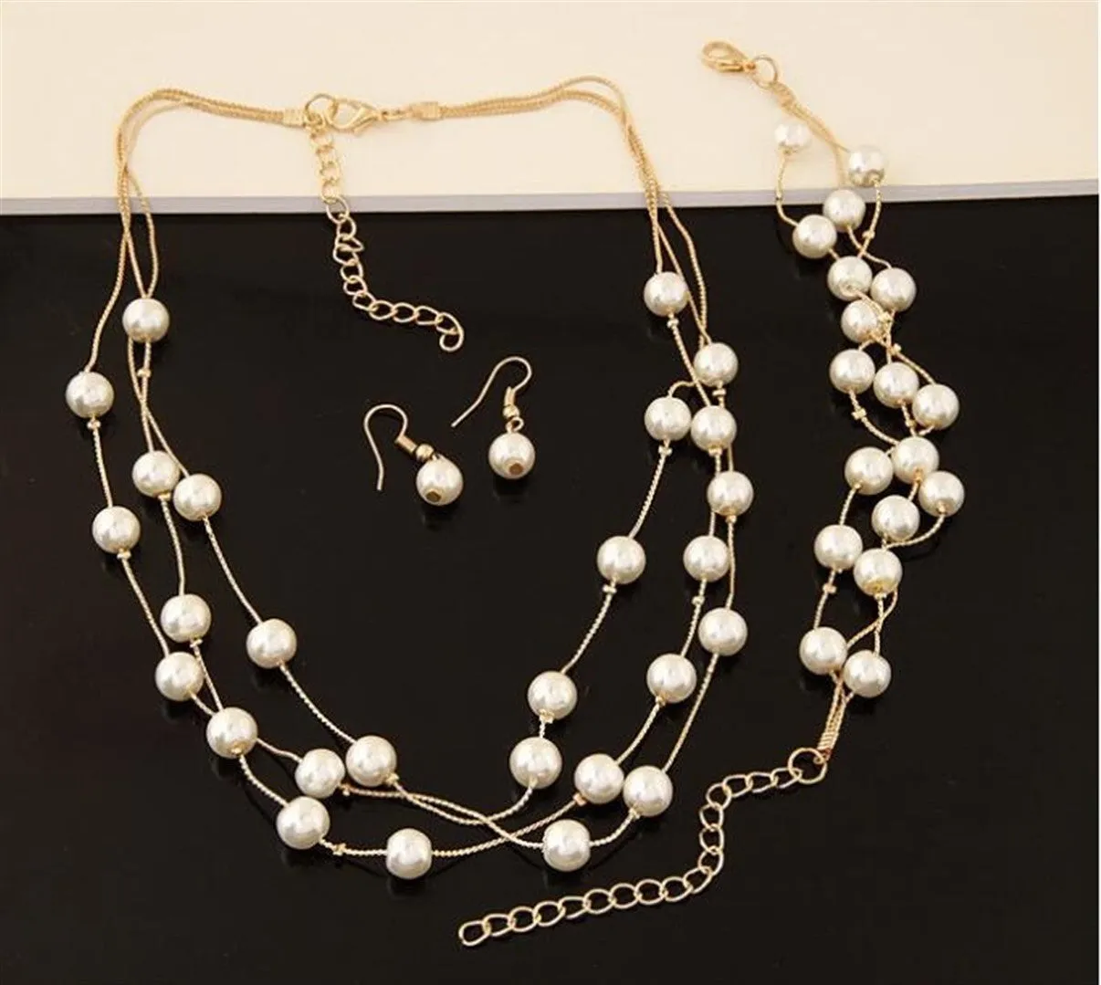 Imitation Pearl Golden Double Layer Earrings Necklace Bracelet Sets -2