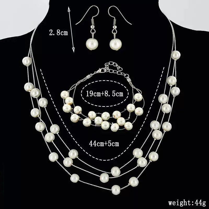 Imitation Pearl Golden Double Layer Earrings Necklace Bracelet Sets -2