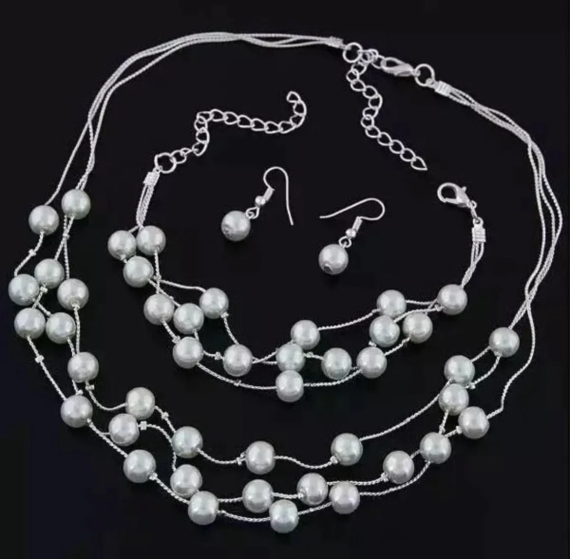 Imitation Pearl Golden Double Layer Earrings Necklace Bracelet Sets -2