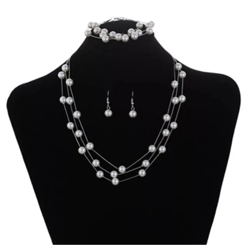 Imitation Pearl Golden Double Layer Earrings Necklace Bracelet Sets -2