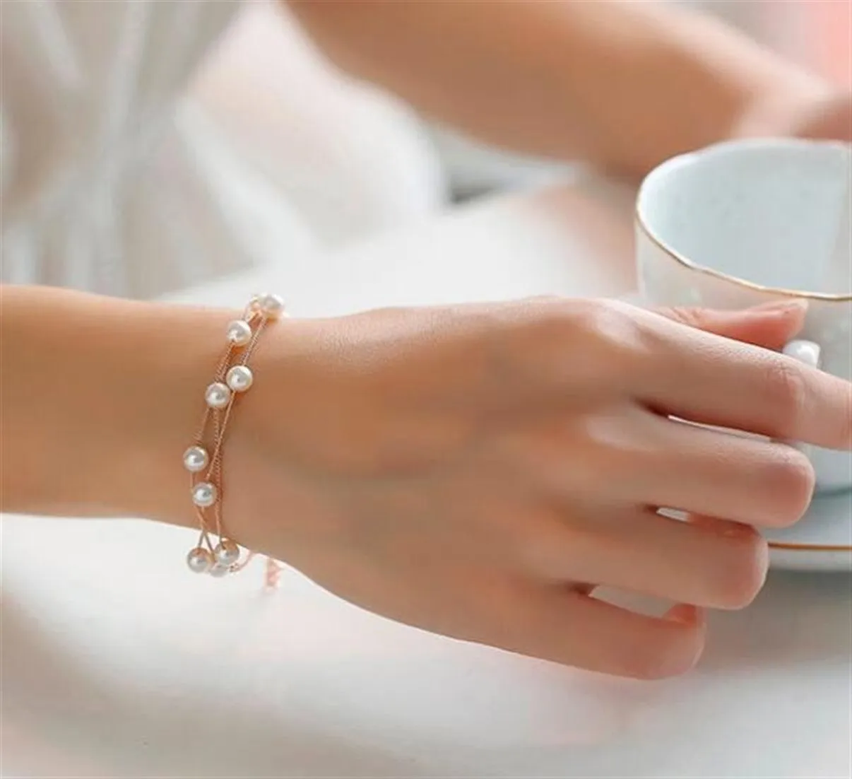 Imitation Pearl Golden Double Layer Earrings Necklace Bracelet Sets -2