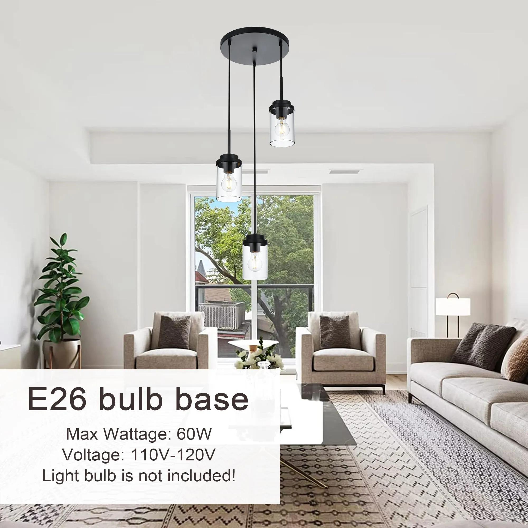 MELUCEE 3-Light Farmhouse Black Cluster Pendant Lighting with Clear Glass Shade