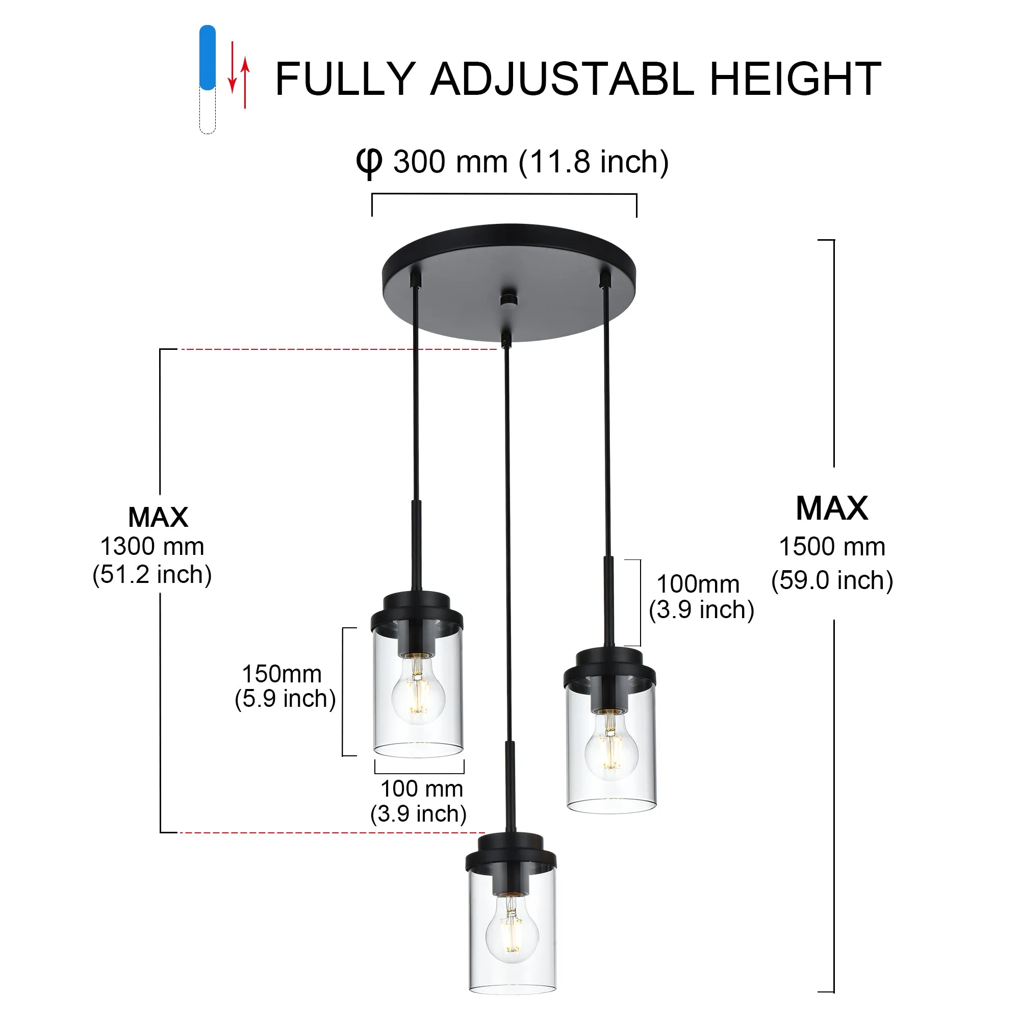 MELUCEE 3-Light Farmhouse Black Cluster Pendant Lighting with Clear Glass Shade