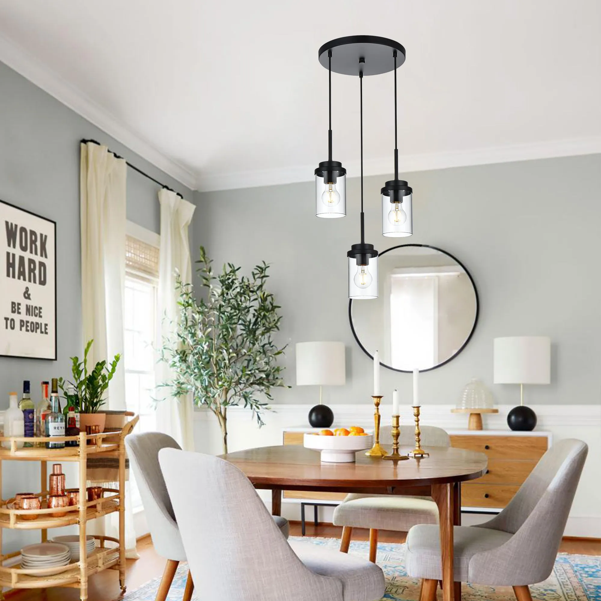 MELUCEE 3-Light Farmhouse Black Cluster Pendant Lighting with Clear Glass Shade