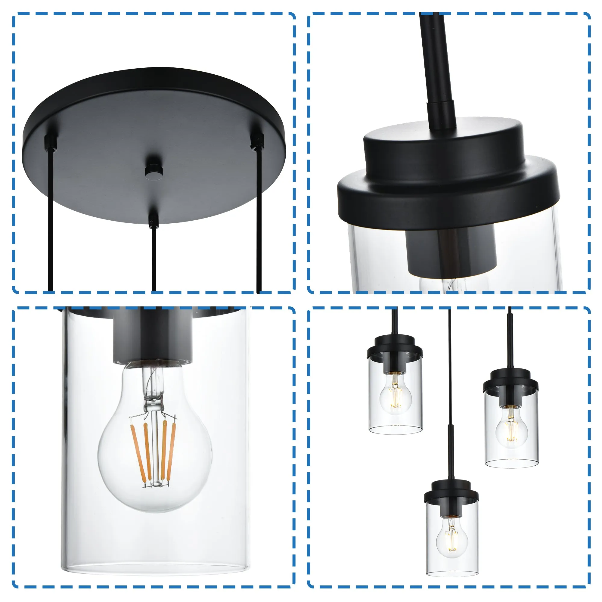 MELUCEE 3-Light Farmhouse Black Cluster Pendant Lighting with Clear Glass Shade