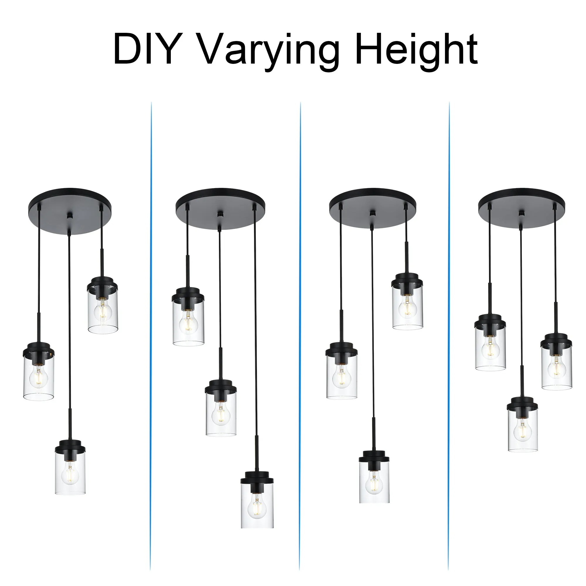 MELUCEE 3-Light Farmhouse Black Cluster Pendant Lighting with Clear Glass Shade