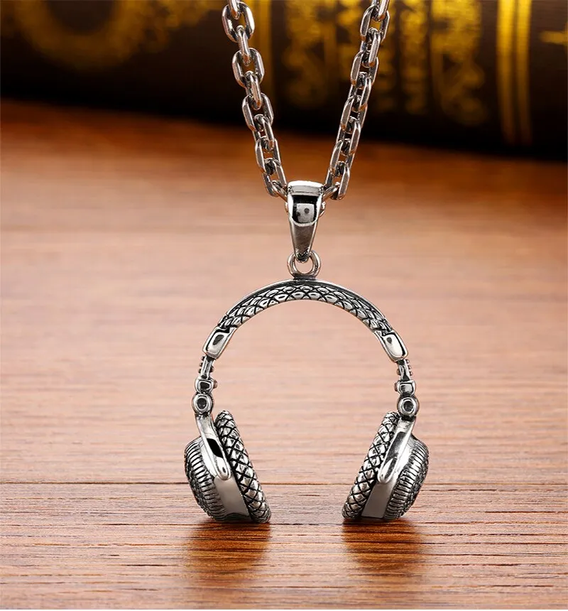 Music Headset 925 Sterling Silver Gothic Vintage Fashion Biker Pendant Necklace