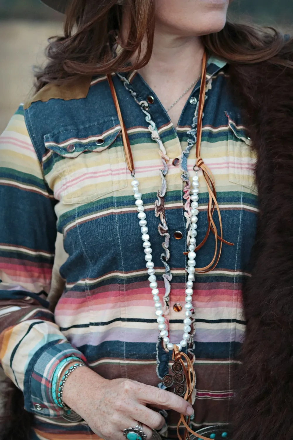 Rusty Rose Pearl and Deerskin Western Necklace