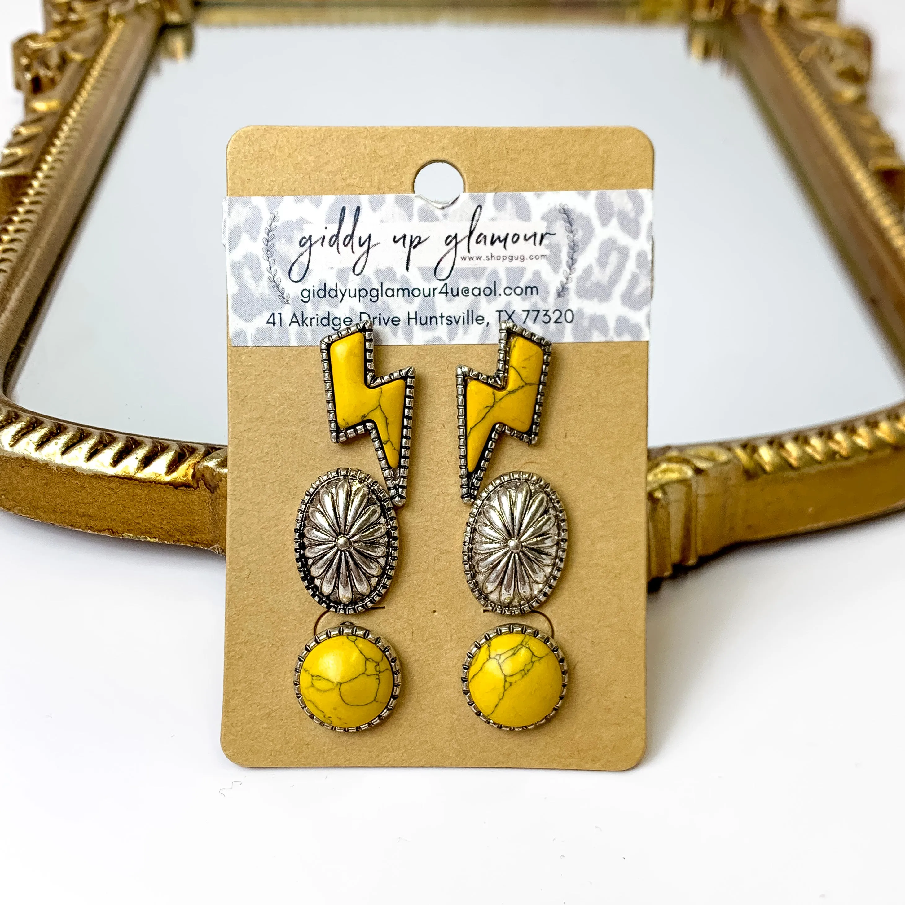 Set Of Three | Lightning Bolt and Concho Stud Set in Mustard Yellow