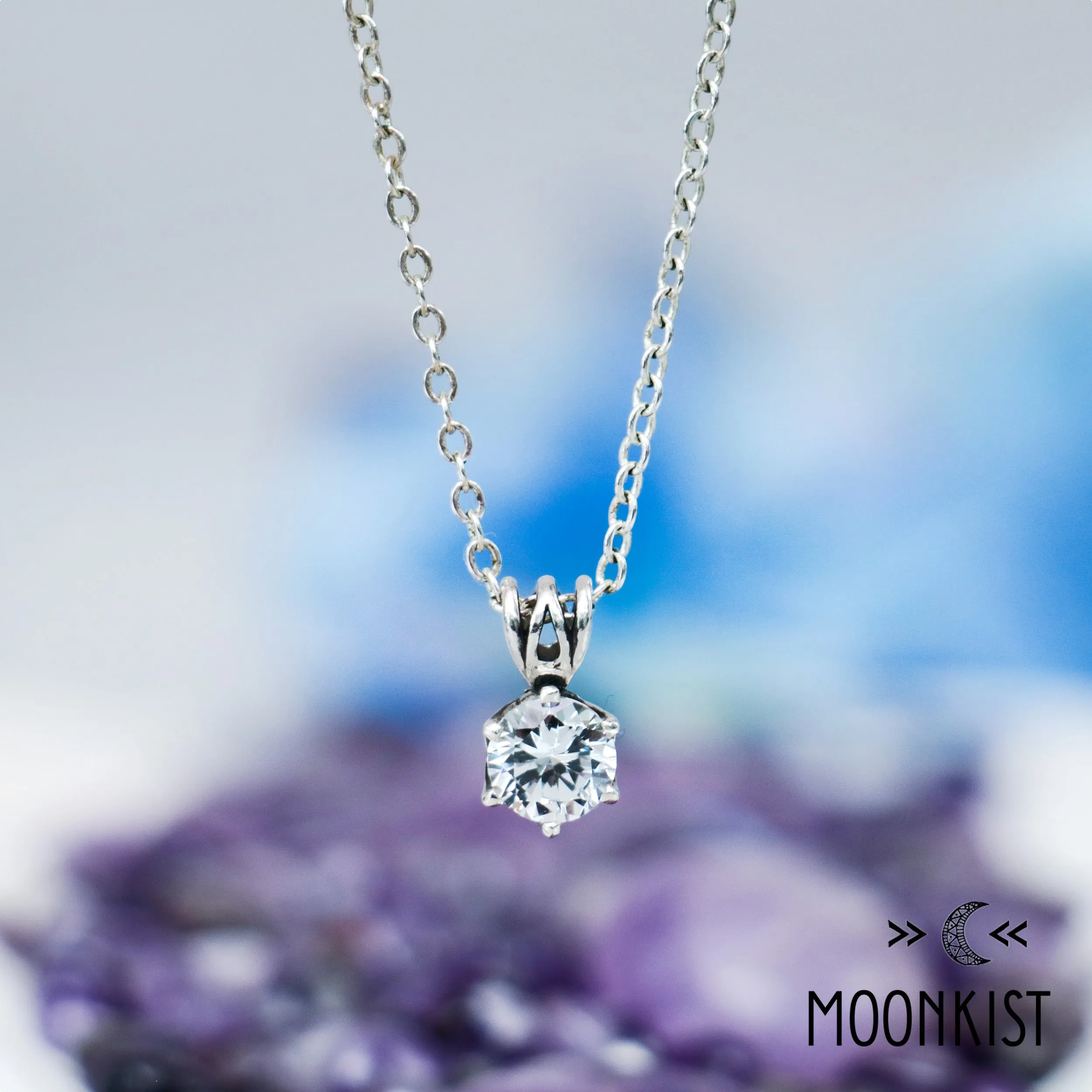Silver White Sapphire Single Stone Pendant Necklace | Moonkist Designs