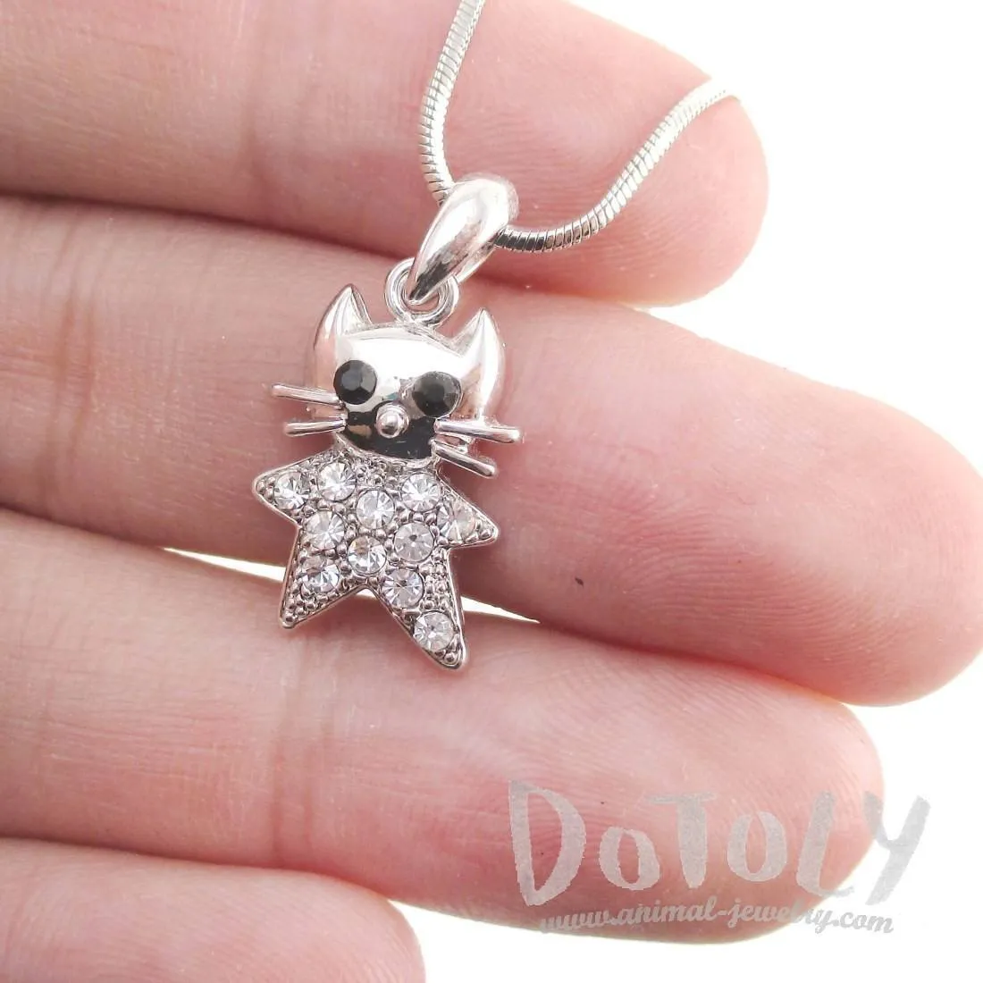 Star Shaped Kitty Cat Pendant Necklace in Silver with Rhinestones