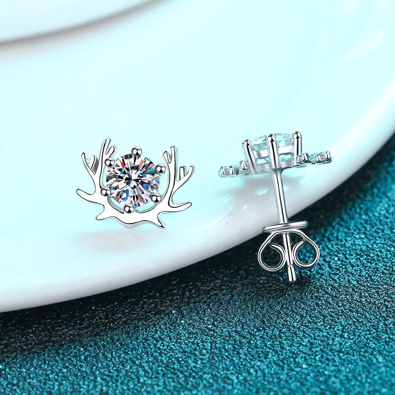 Sterling Silver Cute Moose Moissanite Stud Earrings