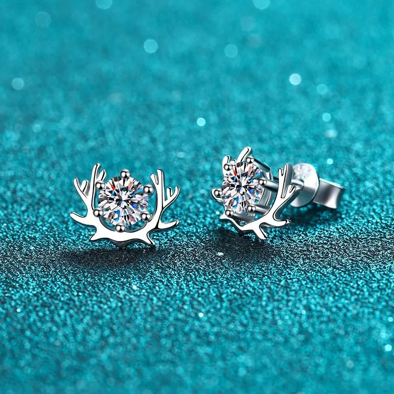Sterling Silver Cute Moose Moissanite Stud Earrings