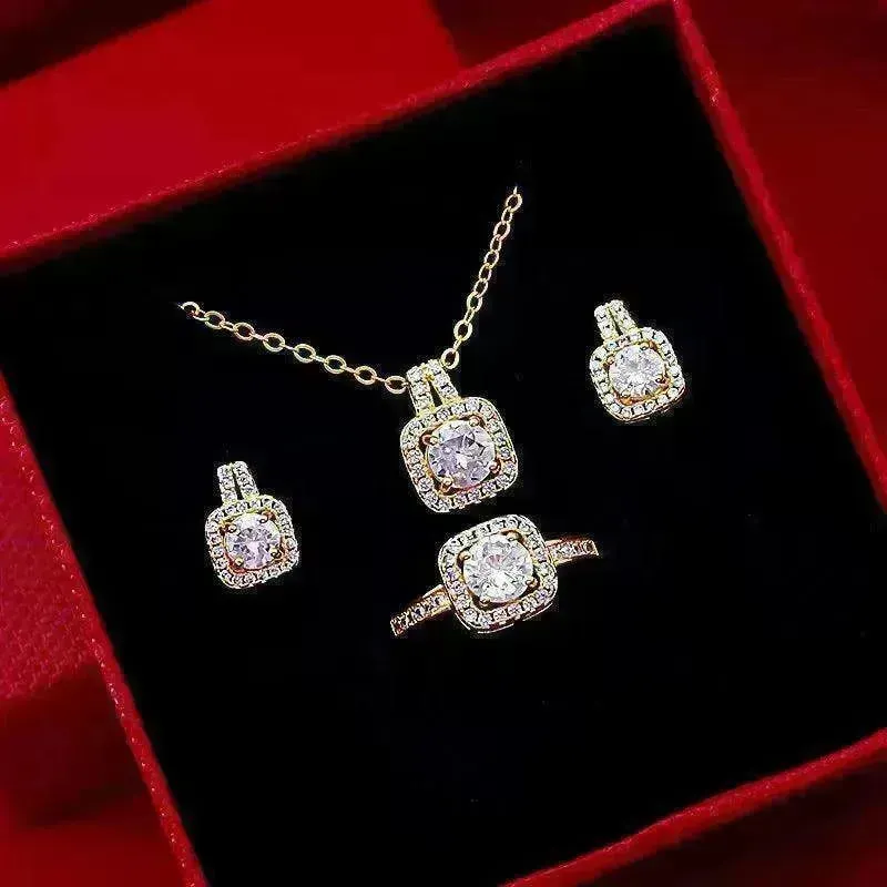 Three-piece Fashion Micro Inlaid Zircon Suit Women Necklace Earring Ring